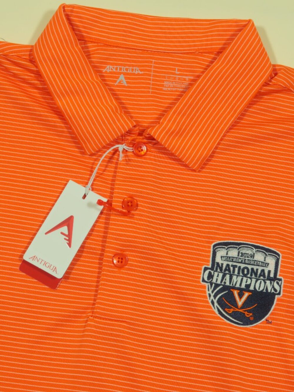 Antigua Virginia Cavaliers Basketball Polo Shirt Mens L Orange 2019 Natl Champs